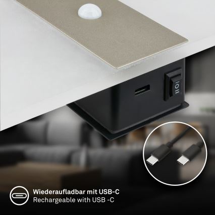 Briloner 3888012 - LED-oplaadbare wandlamp met bewegings- en schemersensor AURA LED/2,5W/5V 1800 mAh mat chroom