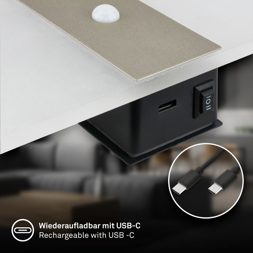 Briloner 3888012 - LED-oplaadbare wandlamp met bewegings- en schemersensor AURA LED/2,5W/5V 1800 mAh mat chroom