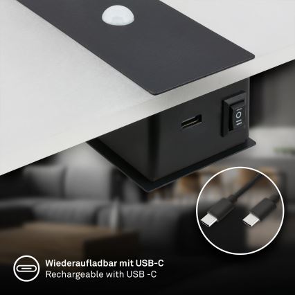 Briloner 3888015 - Oplaadbare LED-muurlamp met bewegings- en schemersensor AURA LED/2,5W/5V 1800 mAh zwart