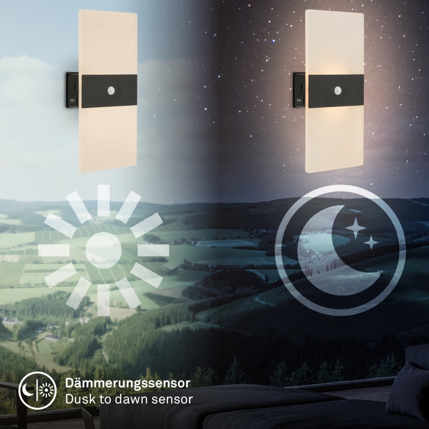 Briloner 3888015 - Oplaadbare LED-muurlamp met bewegings- en schemersensor AURA LED/2,5W/5V 1800 mAh zwart