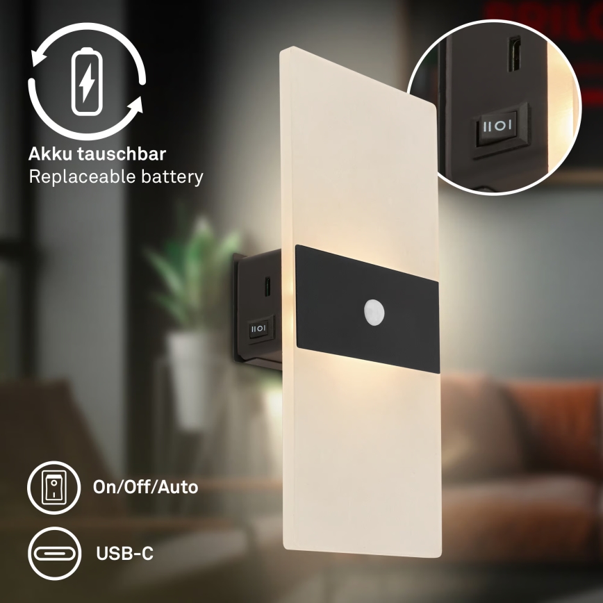 Briloner 3888015 - Oplaadbare LED-muurlamp met bewegings- en schemersensor AURA LED/2,5W/5V 1800 mAh zwart
