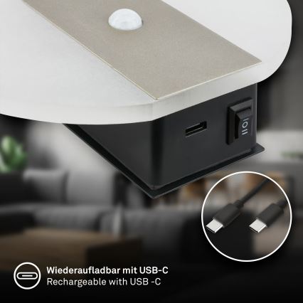 Briloner 3889012 - LED oplaadbare wandlamp met bewegings- en schemersensor TARO LED/2,5W/5V 1800 mAh mat chroom