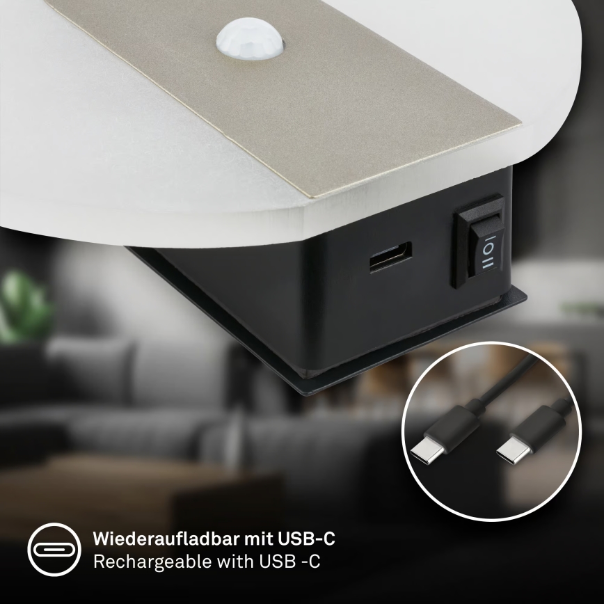 Briloner 3889012 - LED oplaadbare wandlamp met bewegings- en schemersensor TARO LED/2,5W/5V 1800 mAh mat chroom