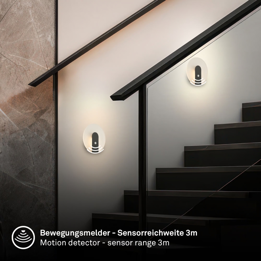 Briloner 3889015 - Oplaadbare LED-wandlamp met bewegings- en schemersensor TARO LED/2,5W/5V 1800 mAh zwart