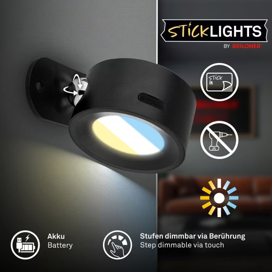 Briloner 3896015 - Dimbare oplaadbare LED-wandlamp TARI LED/1,6W/5V 1500 mAh zwart