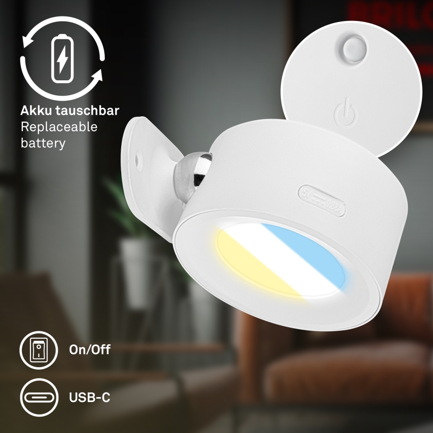 Briloner 3896016 - Dimbare oplaadbare LED-wandlamp TARI LED/1,6W/5V 1500 mAh wit