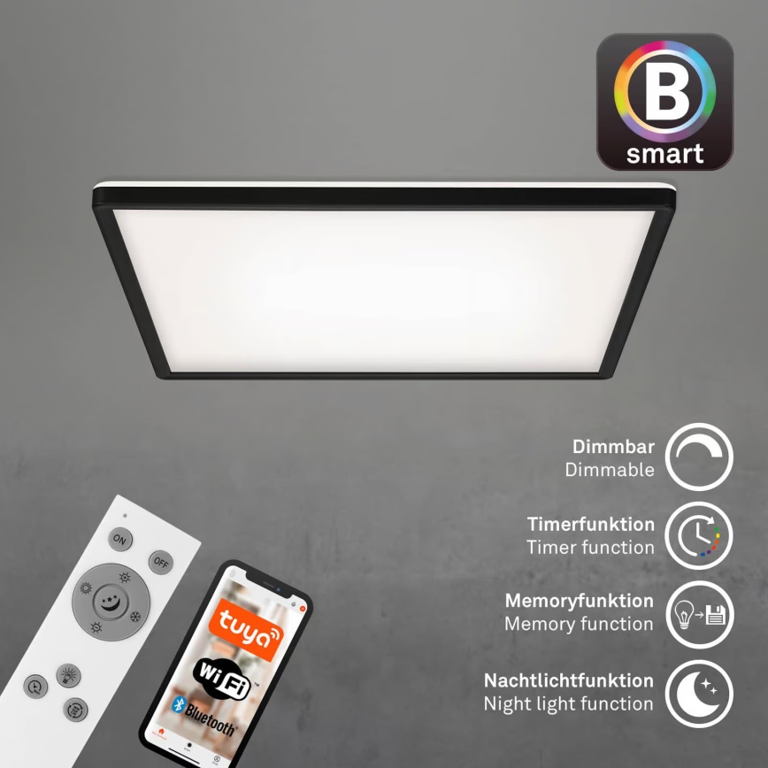 Briloner 7060-015 - LED dimbaar opbouwpaneel SLIM LED/22W/230V 2700-6500K 42x42 cm zwart Wi-Fi Tuya + afstandsbediening