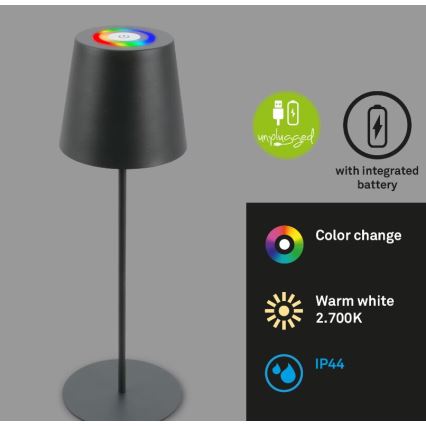 Briloner 7507015 - Dimbare oplaadbare LED RGB buiten tafellamp 2-in-1 LED/2,5W/5V IP44 antraciet