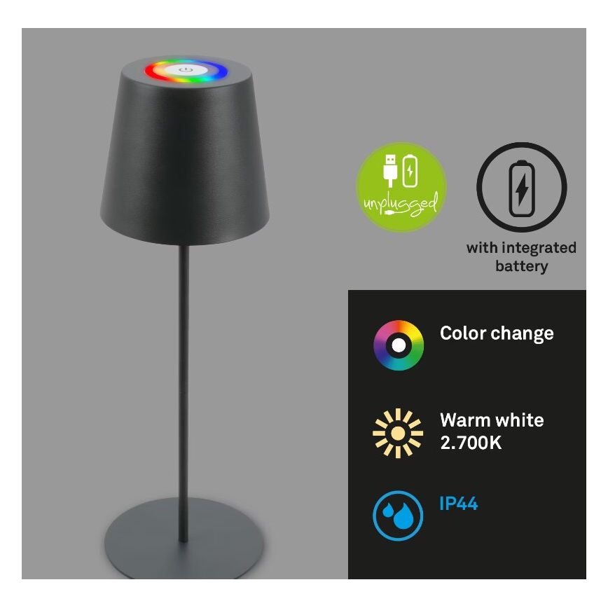 Briloner 7507015 - Dimbare oplaadbare LED RGB buiten tafellamp 2-in-1 LED/2,5W/5V IP44 antraciet
