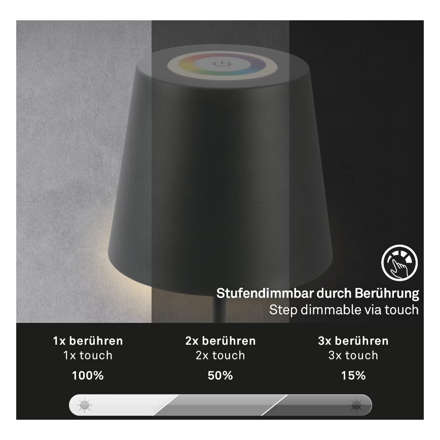 Briloner 7507015 - Dimbare oplaadbare LED RGB buiten tafellamp 2-in-1 LED/2,5W/5V IP44 antraciet