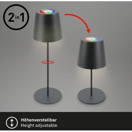 Briloner 7507015 - Dimbare oplaadbare LED RGB buiten tafellamp 2-in-1 LED/2,5W/5V IP44 antraciet