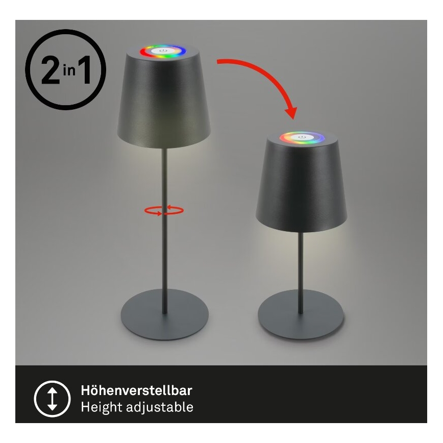 Briloner 7507015 - Dimbare oplaadbare LED RGB buiten tafellamp 2-in-1 LED/2,5W/5V IP44 antraciet