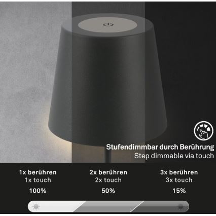 Briloner 7508015 - Dimbare oplaadbare LED buiten tafellamp 2-in-1 LED/2,5W/5V IP44 zwart