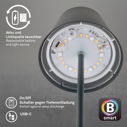 Briloner 7559015 - LED RGB dimbare oplaadbare buitentafellamp COLORIS LED/3,5W/5V IP44 2000 mAh antraciet Wi-Fi Tuya