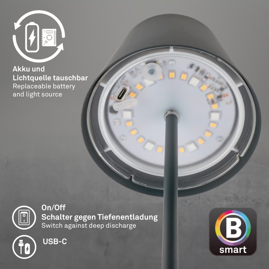 Briloner 7559015 - LED RGB dimbare oplaadbare buitentafellamp COLORIS LED/3,5W/5V IP44 2000 mAh antraciet Wi-Fi Tuya