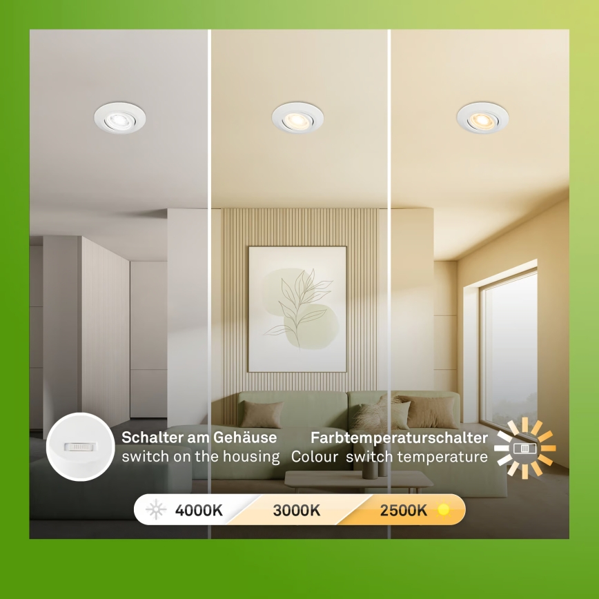 Briloner 7586036 - Set van 3 KLIRA LED-inbouwspots voor badkamer, 4,9W/230V, 2500/3000/4000K, IP23, wit