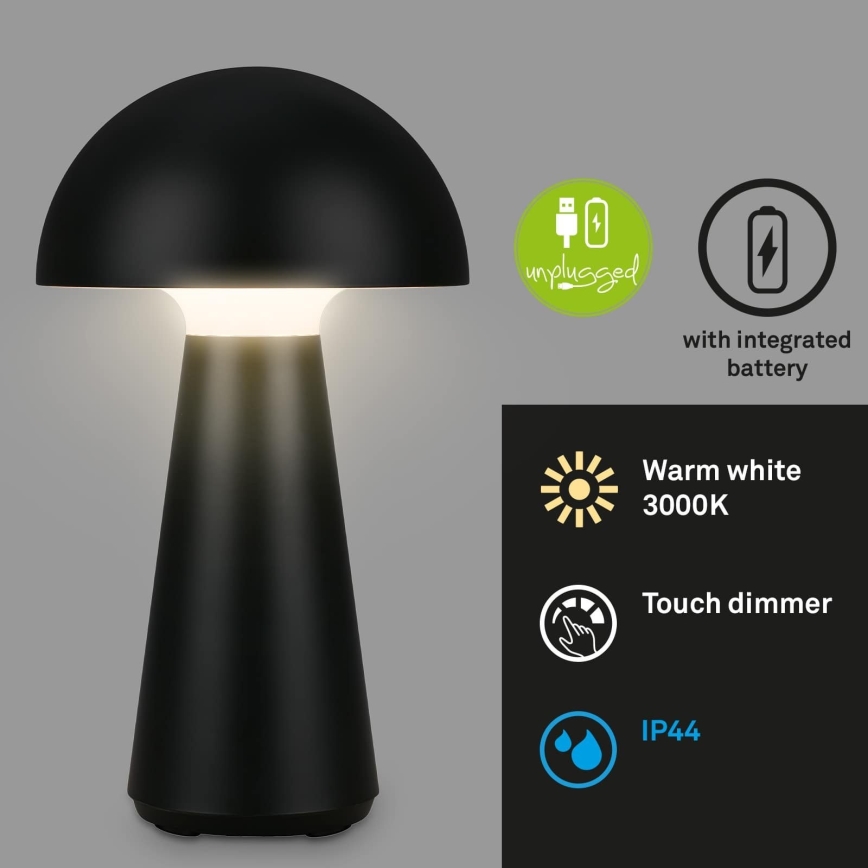 Briloner - LED Dimbare oplaadbare aanraakgevoelige buitentafellamp LED/2,6W/5V 3000K IP44 2000 mAh zwart