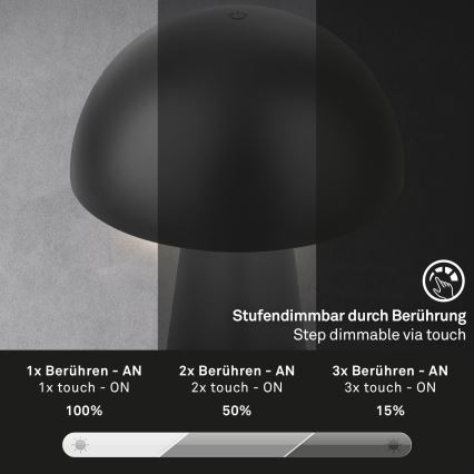 Briloner - LED Dimbare oplaadbare aanraakgevoelige buitentafellamp LED/2,6W/5V 3000K IP44 2000 mAh zwart