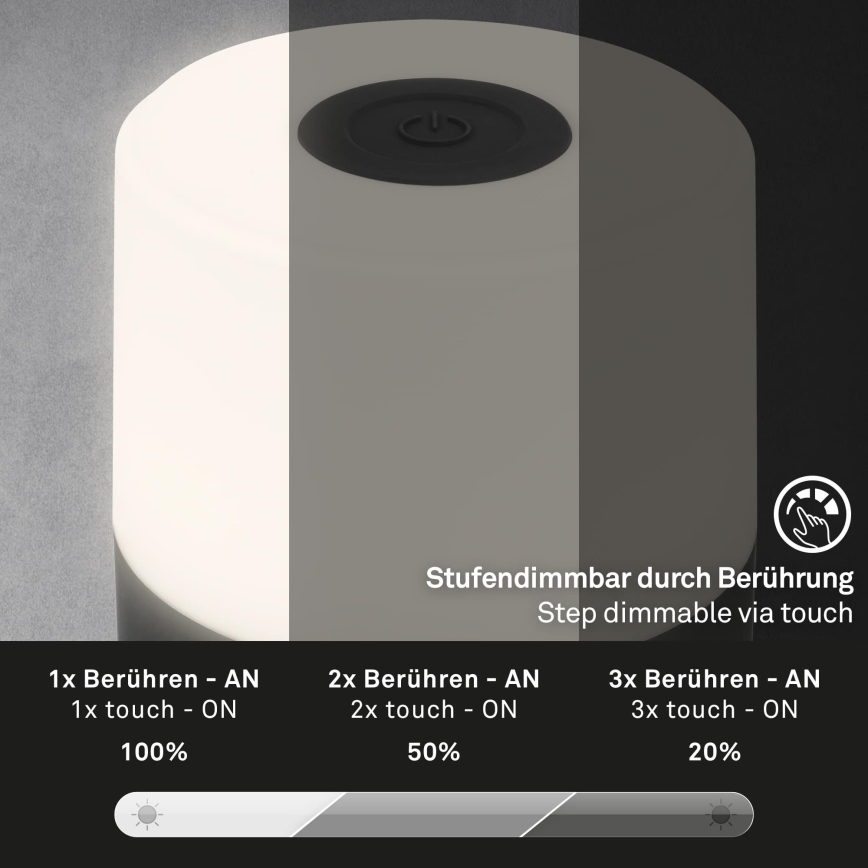 Briloner - Dimbare oplaadbare LED-tafellamp voor buiten met aanraakbediening LED/2W/5V 2700K IP44 1200 mAh zwart