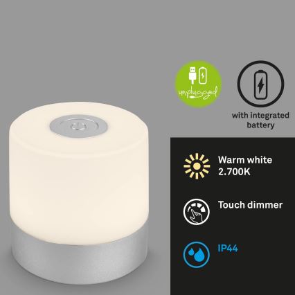 Briloner - dimbare oplaadbare LED-tafellamp voor buiten met aanraakbediening LED/2W/5V 2700K IP44 1200 mAh mat chroom