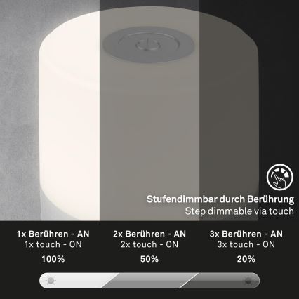 Briloner - dimbare oplaadbare LED-tafellamp voor buiten met aanraakbediening LED/2W/5V 2700K IP44 1200 mAh mat chroom