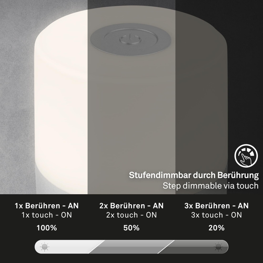 Briloner - dimbare oplaadbare LED-tafellamp voor buiten met aanraakbediening LED/2W/5V 2700K IP44 1200 mAh mat chroom