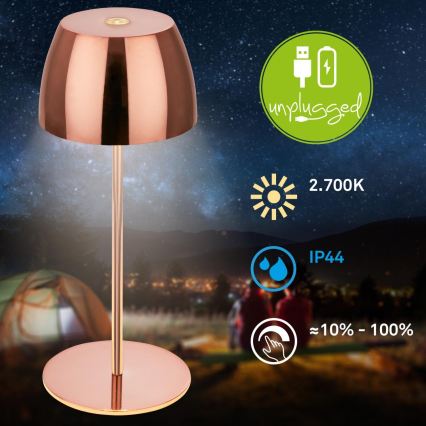 Briloner - Dimbare, oplaadbare buitentafellamp met aanraakbediening MINI LED/2,5W/5V IP44 1800 mAh koperkleurig