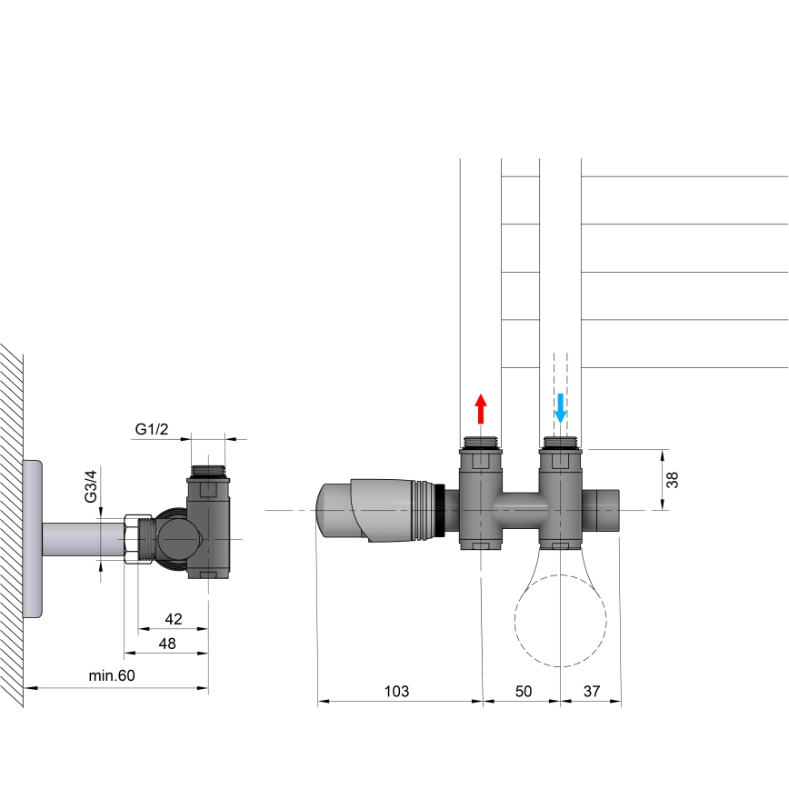 Bruckner - Thermostatische aansluitset voor centrale aansluiting WICHER COMBI mat zwart