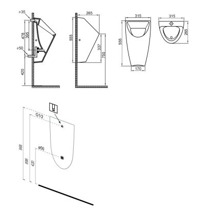 Bruckner - Urinoir SCHWARN, achteraansluiting en achterafvoer, met ingebouwd 6V DC spoelmechanisme, wit