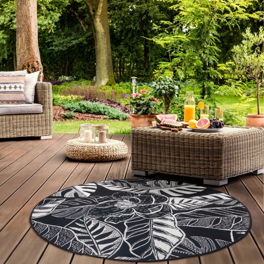 Buiten vloerkleed JUNGLE 135 cm zwart/wit met bladpatroon