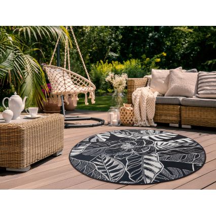 Buiten vloerkleed JUNGLE 135 cm zwart/wit met bladpatroon