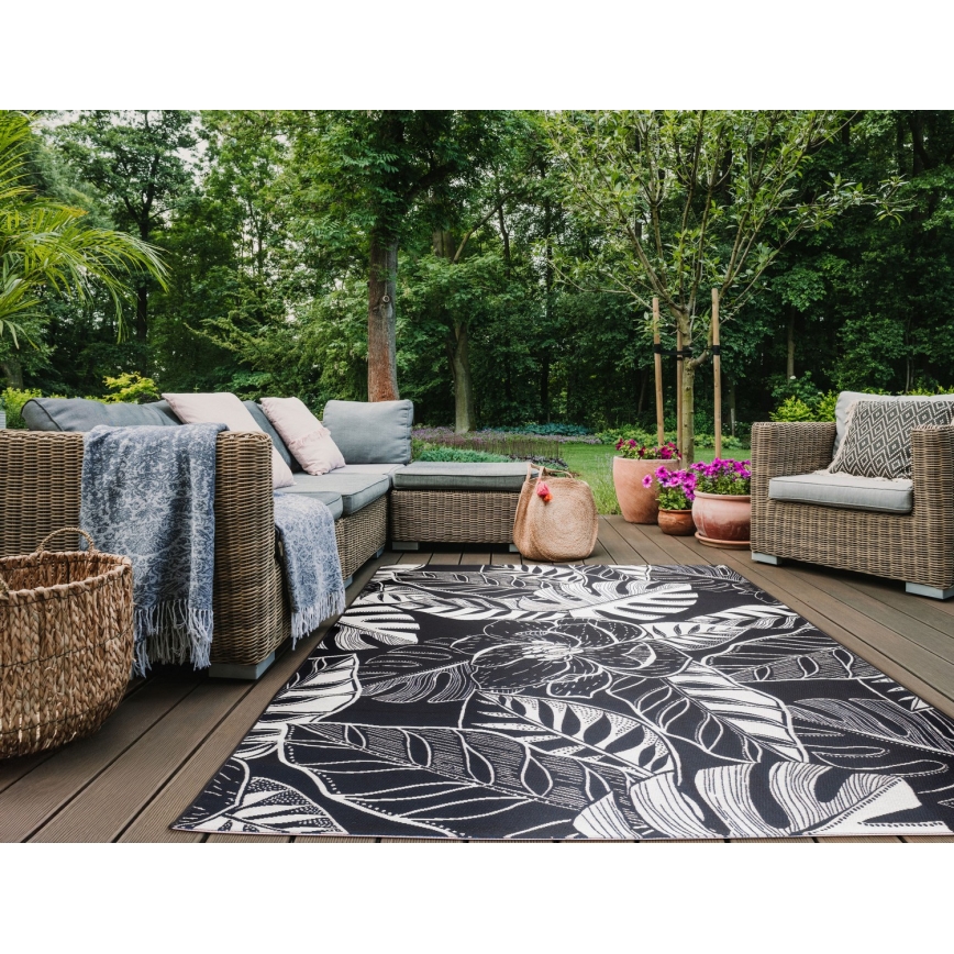 Buitenkleed JUNGLE 160x220 cm zwart/wit/bladmotief