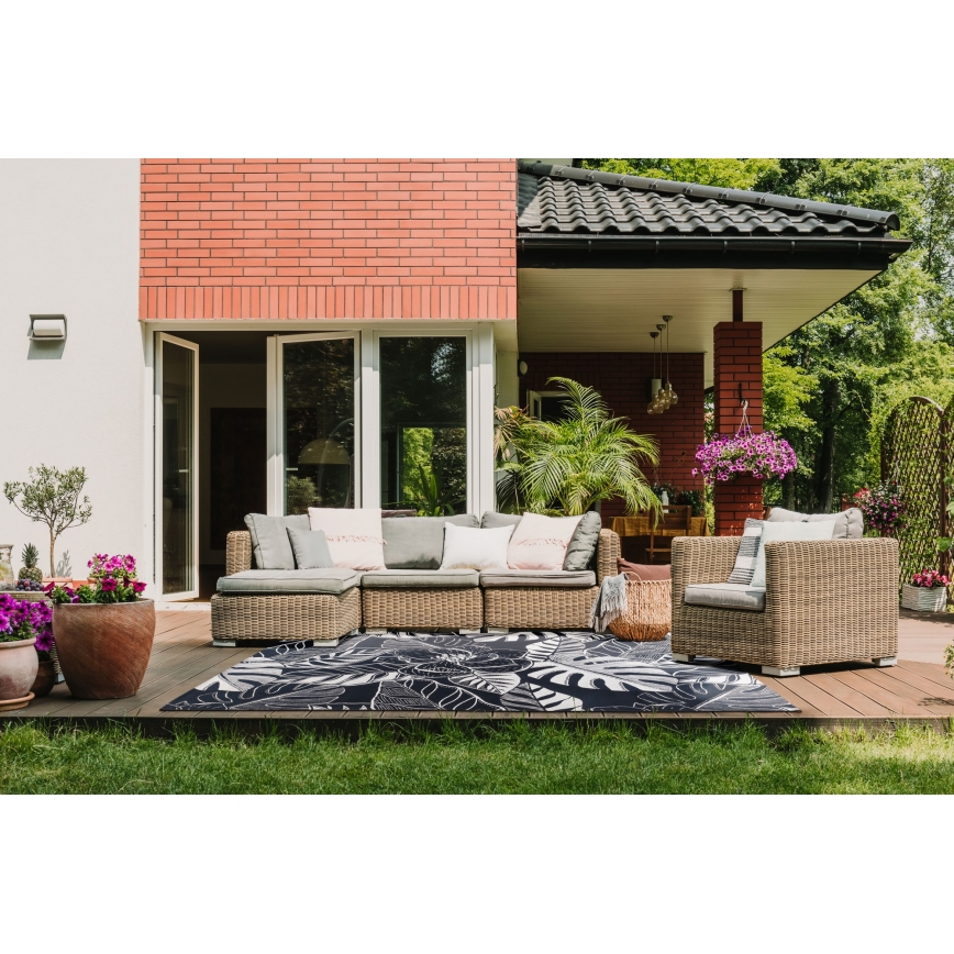 Buitenkleed JUNGLE 160x220 cm zwart/wit/bladmotief