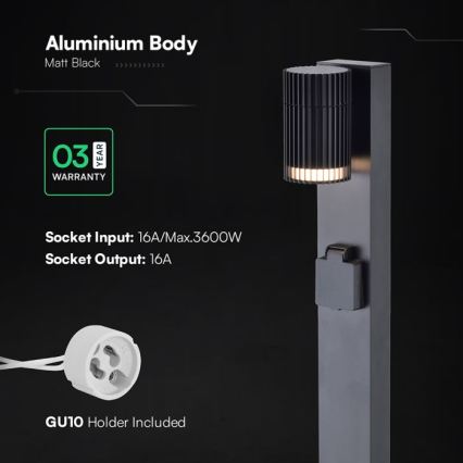 Buitenlamp met SCHUKO-stopcontact, 1x GU10 (10W, 230V), IP44, 80 cm, zwart