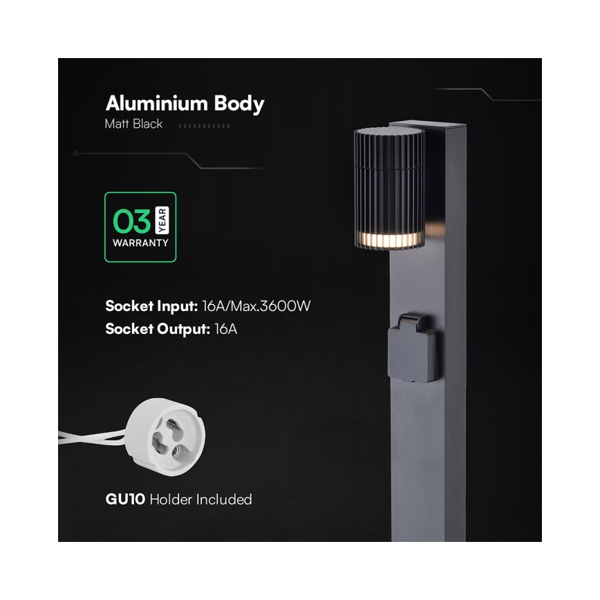 Buitenlamp met SCHUKO-stopcontact, 1x GU10 (10W, 230V), IP44, 80 cm, zwart