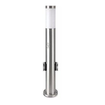 Buitenlamp met sensor + 2 stopcontacten 1xE27/60W/230V IP44 60cm mat chroom