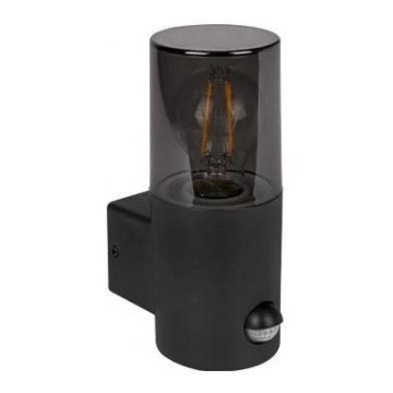 Buitenmuurlamp met bewegings- en schemersensor, 1x E27/40W/230V, IP44, zwart/gerookt glas