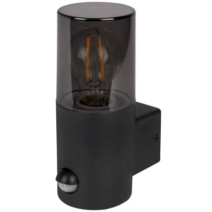 Buitenmuurlamp met bewegings- en schemersensor, 1x E27/40W/230V, IP44, zwart/gerookt glas