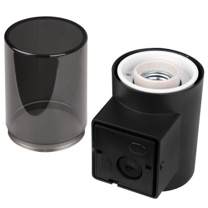Buitenmuurlamp met bewegings- en schemersensor, 1x E27/40W/230V, IP44, zwart/gerookt glas
