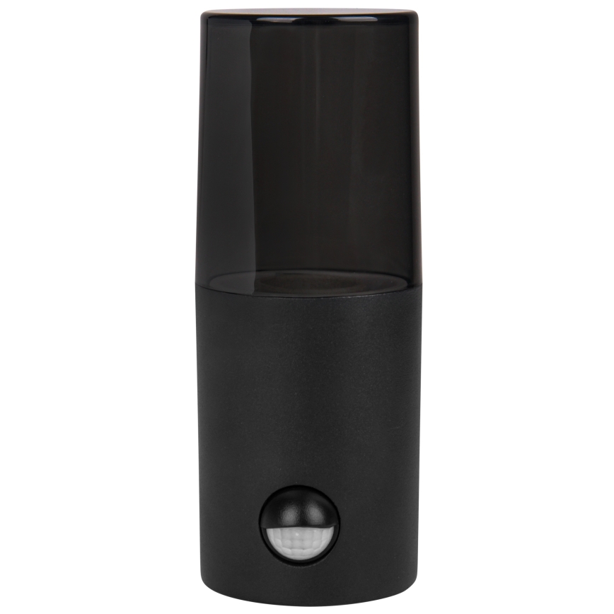 Buitenmuurlamp met bewegings- en schemersensor, 1x E27/40W/230V, IP44, zwart/gerookt glas