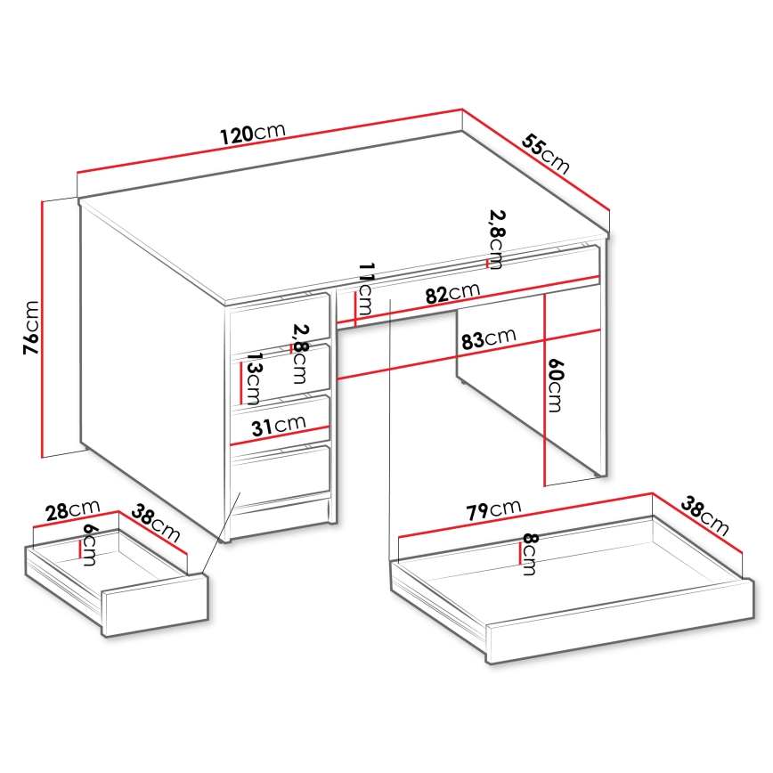 Bureau ADA 76x120 cm kasjmier