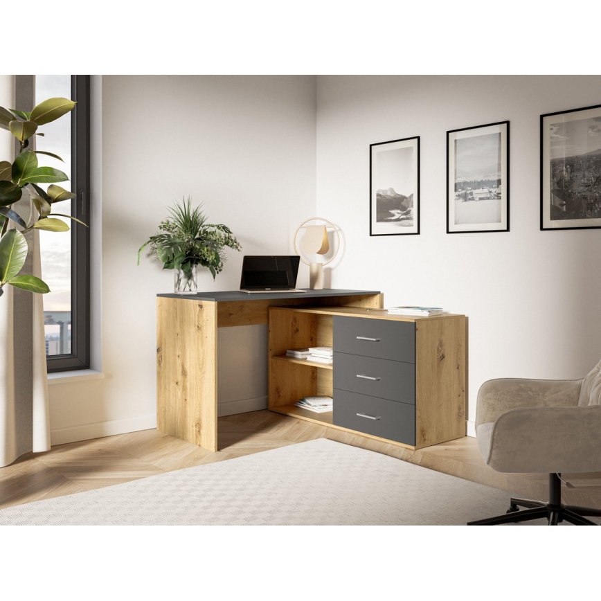Bureau met lades en omkeerbare hoek (links/rechts) JULES artisan-eik/antraciet