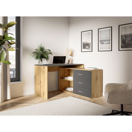 Bureau met lades en omkeerbare hoek (links/rechts) JULES eiken artisan/antraciet