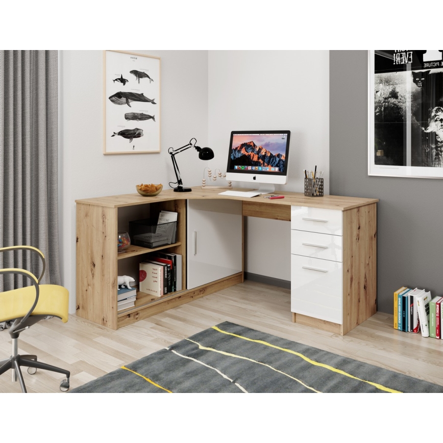 Bureau met plank en lades ROBERTO links 150x120 cm artisan eik/wit