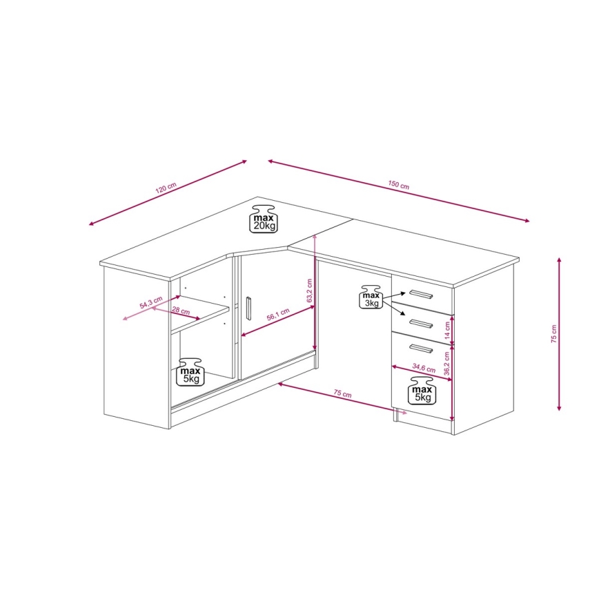 Bureau met plank en lades ROBERTO links artisan eik/wit