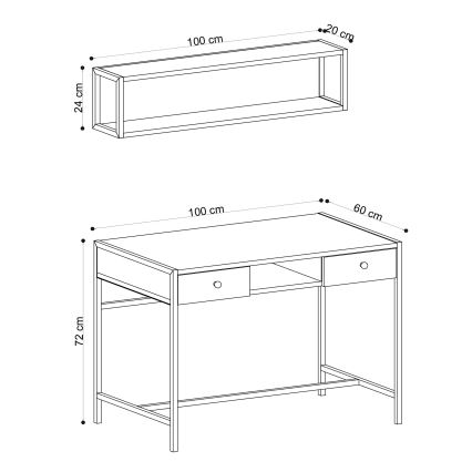 Bureau PENA 72x100 cm + Wandplank 24x100 cm bruin/zwart