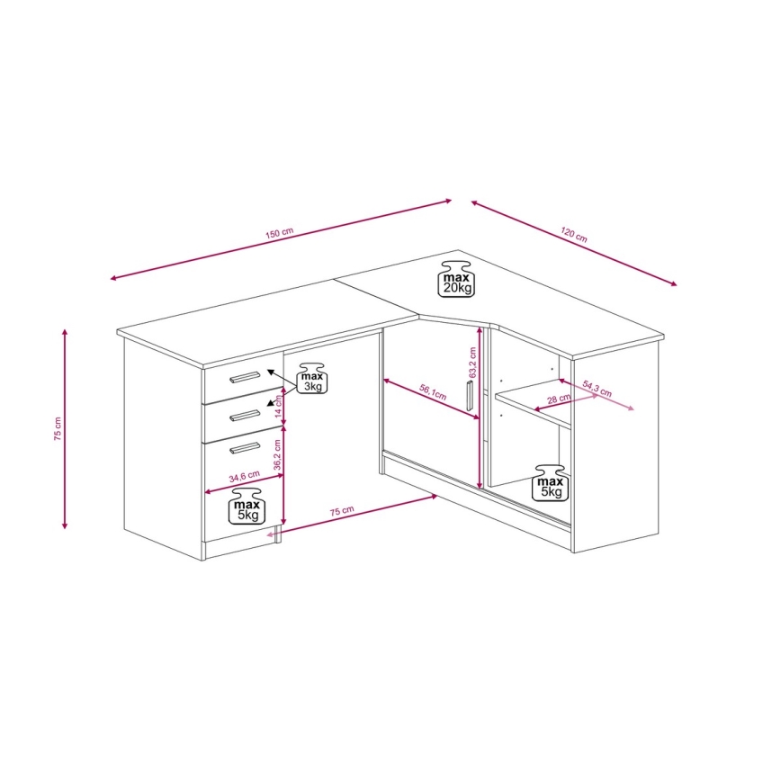 Bureau ROBERTO met plank en lades, echt artisan eiken/wit