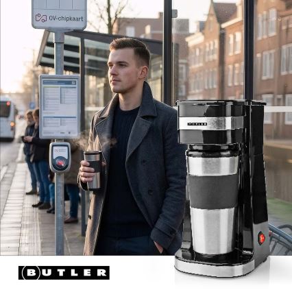 Butler - koffiezetapparaat voor één kopje 0,4 l met reisbeker 750W/230V roestvrij staal/zwart