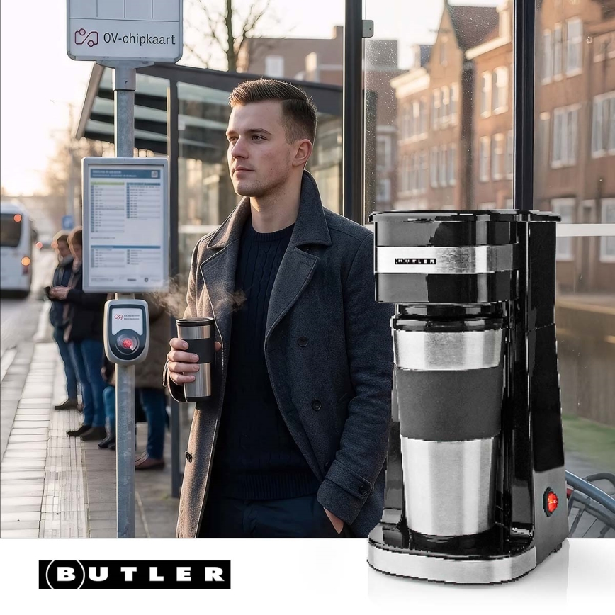 Butler - koffiezetapparaat voor één kopje 0,4 l met reisbeker 750W/230V roestvrij staal/zwart