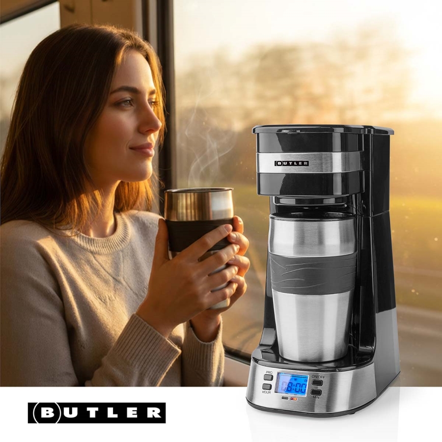 Butler - Koffiezetapparaat voor 1 kopje 0,4 l met timer en reisbeker 750W/230V roestvrij staal/zwart